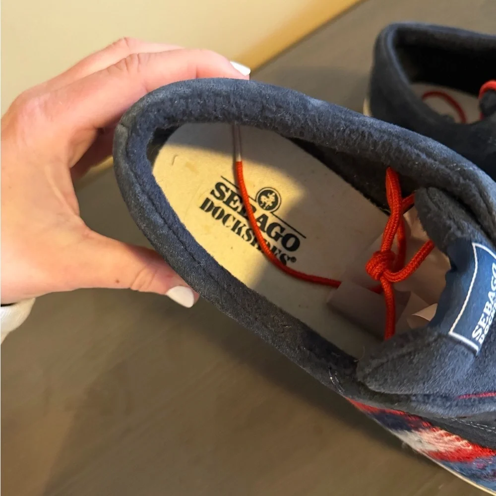 Sebago John Swan Dockside sneakers in blue navy and red plaid.
